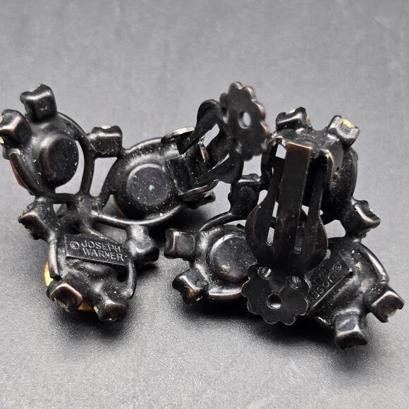 Vintage Joseph Warner Clip On Earrings Rhinestone Orange Champagne Japaned Black - Picture 4 of 8